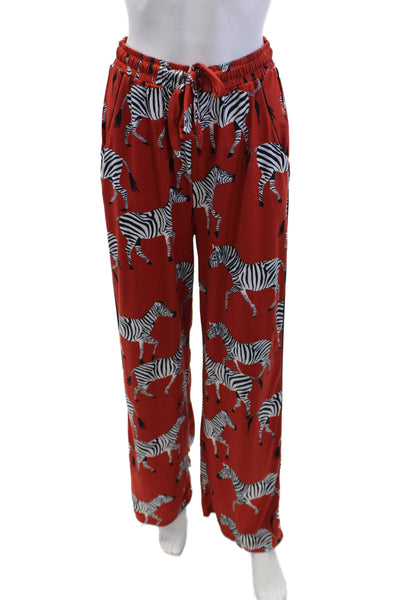 Anoli Womens Textured Elastic Waistband Wide Leg Zebra Print Pants Orange Size S