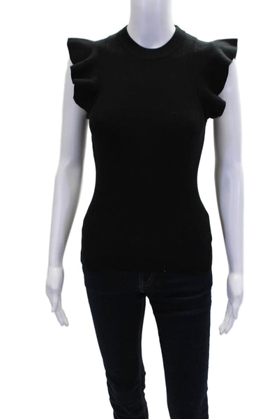 Minnie Rose Womens Cotton Knit Ruffle Cap Sleeve High Neck Blouse Black Size XS