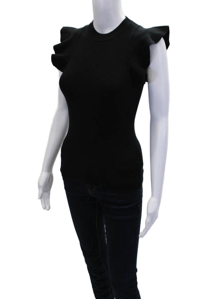 Minnie Rose Womens Cotton Knit Ruffle Cap Sleeve High Neck Blouse Black Size XS