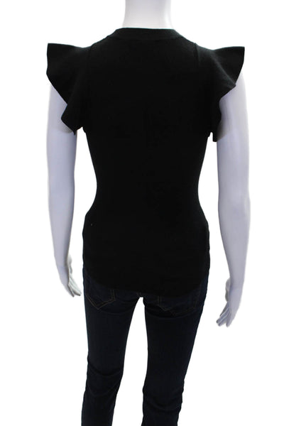 Minnie Rose Womens Cotton Knit Ruffle Cap Sleeve High Neck Blouse Black Size XS