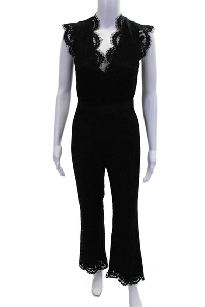Rachel Zoe Womens Cotton Lace Texture Cap Sleeve Zipped Jumpsuit Black Size 0