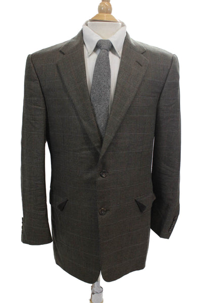 Hickey Freeman Mens Plaid Print Two Button Closure Suit Jacket Brown Size 42