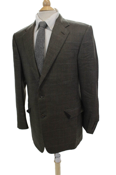 Hickey Freeman Mens Plaid Print Two Button Closure Suit Jacket Brown Size 42