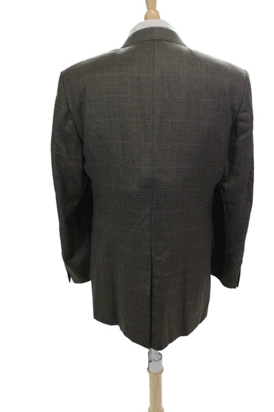 Hickey Freeman Mens Plaid Print Two Button Closure Suit Jacket Brown Size 42