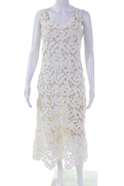 Oscar De La Renta Womens Back Zip Leaf Embroidered Overlay Dress White Beige Siz