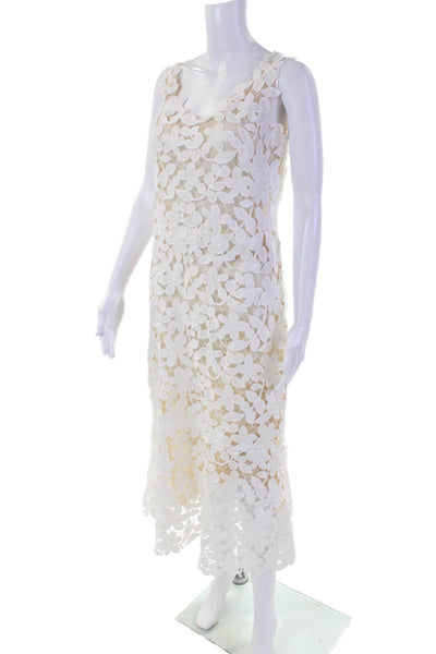 Oscar De La Renta Womens Back Zip Leaf Embroidered Overlay Dress White Beige Siz