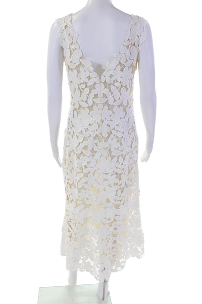Oscar De La Renta Womens Back Zip Leaf Embroidered Overlay Dress White Beige Siz