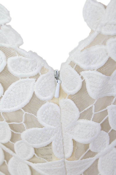 Oscar De La Renta Womens Back Zip Leaf Embroidered Overlay Dress White Beige Siz