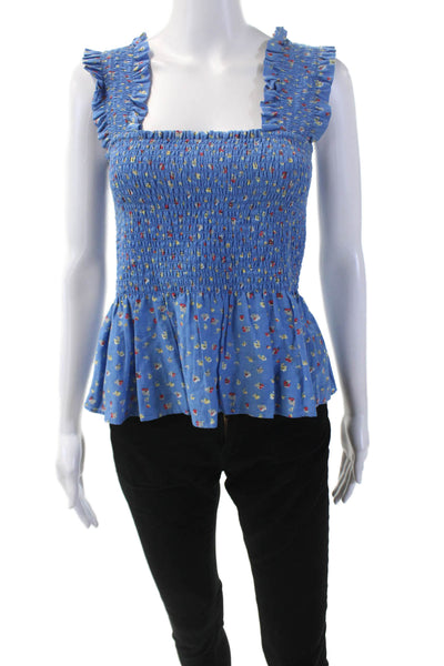 Ganni Womens Floral Print Smocked Tank Top Blue Cotton Blend Size EUR 38