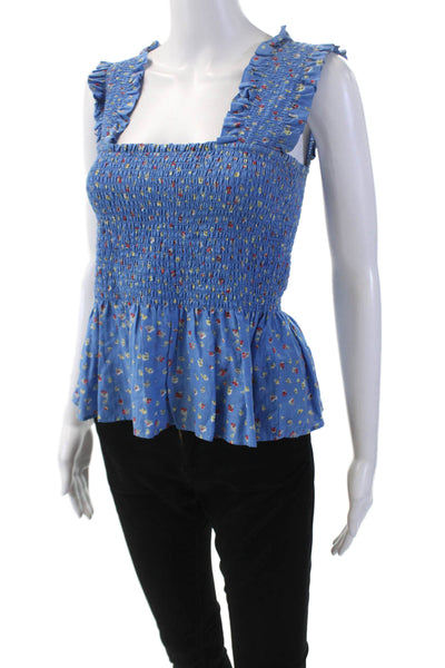 Ganni Womens Floral Print Smocked Tank Top Blue Cotton Blend Size EUR 38