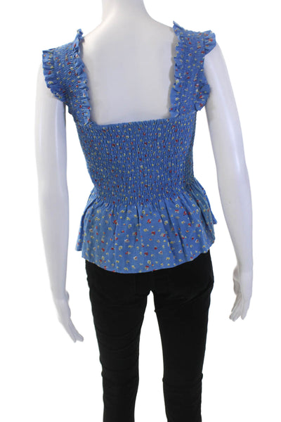 Ganni Womens Floral Print Smocked Tank Top Blue Cotton Blend Size EUR 38