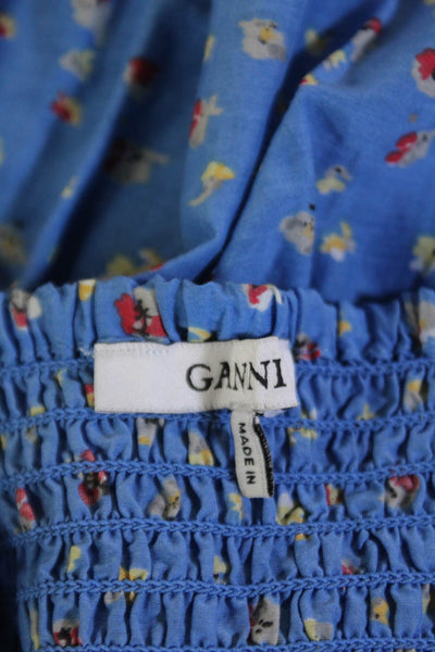 Ganni Womens Floral Print Smocked Tank Top Blue Cotton Blend Size EUR 38