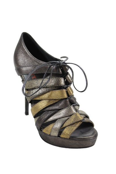 Bruno Frisoni Womens Leather Strappy Sandal Heels Silver Gold Size 37 7