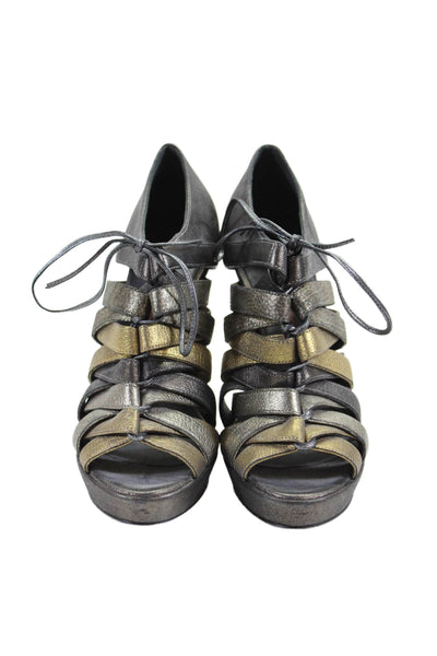 Bruno Frisoni Womens Leather Strappy Sandal Heels Silver Gold Size 37 7