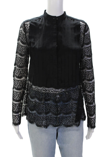 Marissa Webb Womens Cotton Pleated Detail Lace Long Sleeve Blouse Black Size XS