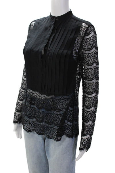Marissa Webb Womens Cotton Pleated Detail Lace Long Sleeve Blouse Black Size XS