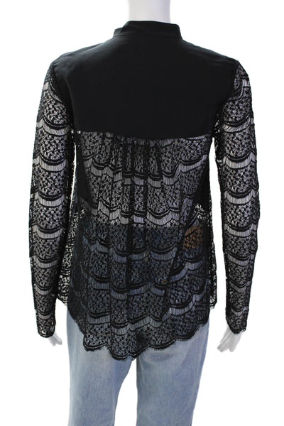 Marissa Webb Womens Cotton Pleated Detail Lace Long Sleeve Blouse Black Size XS