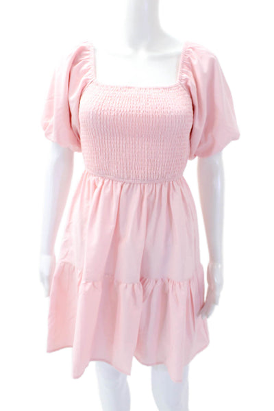 Designer Womens Short Sleeve Smocked Pullover Knee Length Dress Pink Size XS