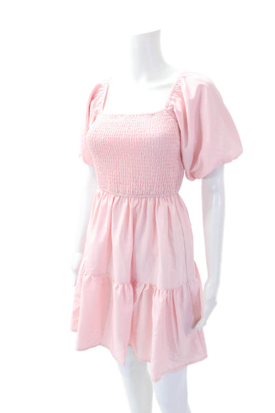 Designer Womens Short Sleeve Smocked Pullover Knee Length Dress Pink Size XS