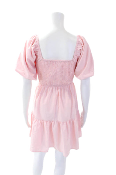 Designer Womens Short Sleeve Smocked Pullover Knee Length Dress Pink Size XS
