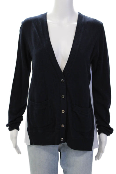 Clu Womens Cotton Striped Buttoned V-Neck Long Sleeved Top Blue Size XS