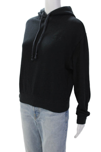 WSLY Womens Long Sleeve Logo Drawstring Hoodie Sweatshirt Black Cotton Size 2XS
