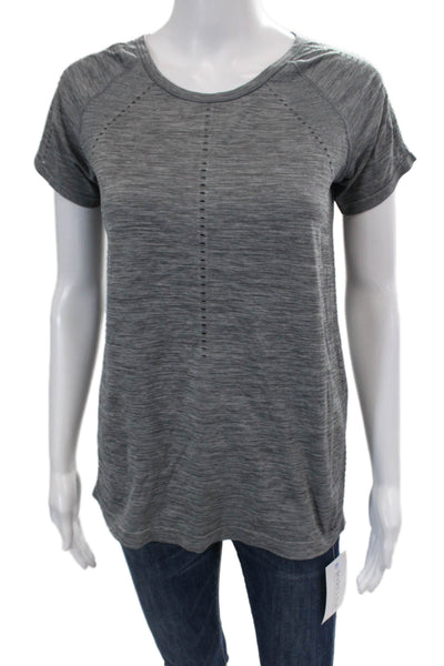 Athleta Womens Striped Short Sleeves Crew Neck Tee Shirt Gray Size Medium