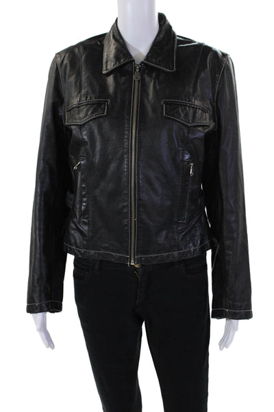 Colebrook & Co Womens Leather Long Sleeve Collared Zippered Jacket Black Size L