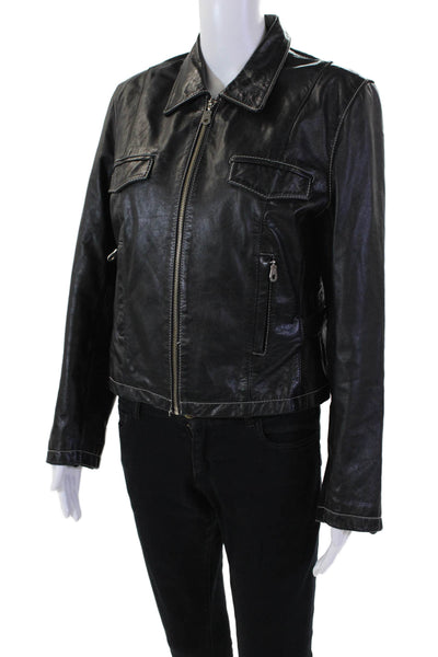 Colebrook & Co Womens Leather Long Sleeve Collared Zippered Jacket Black Size L