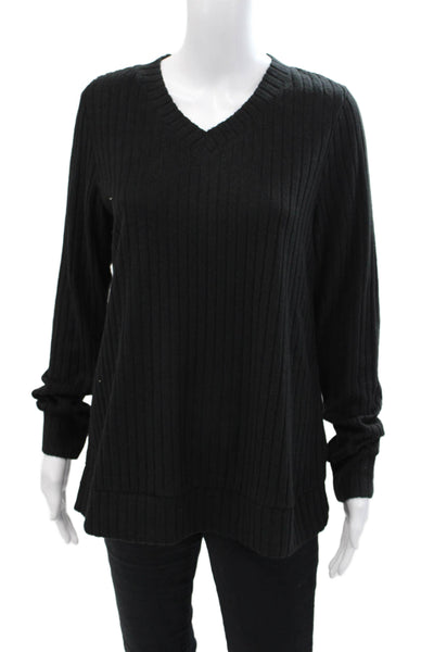 Sampeel Womens Ribbed V-Neck Long Sleeve Pullover Blouse Top Black Size L