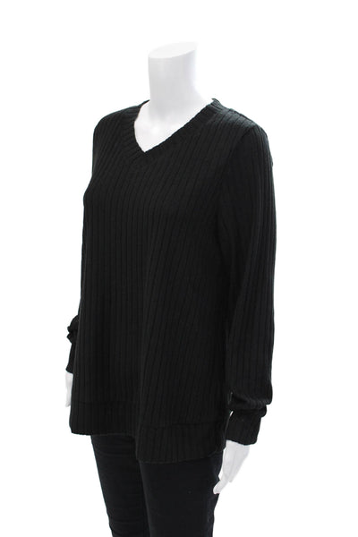 Sampeel Womens Ribbed V-Neck Long Sleeve Pullover Blouse Top Black Size L