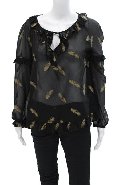 The Kooples Womens Textured Scoop Neck Long Sleeve Pattern Blouse Black Size S