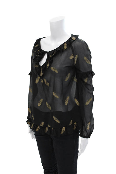 The Kooples Womens Textured Scoop Neck Long Sleeve Pattern Blouse Black Size S
