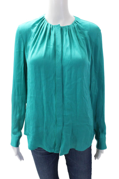 BOSS Womens Silk Pleated Neckline Detail Long Sleeve Buttoned Blouse Blue Size 2