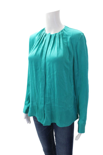 BOSS Womens Silk Pleated Neckline Detail Long Sleeve Buttoned Blouse Blue Size 2