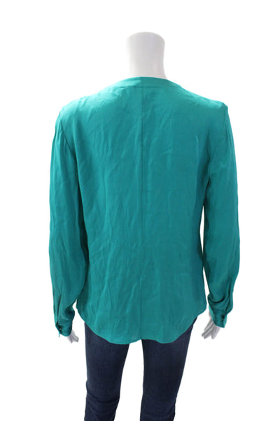 BOSS Womens Silk Pleated Neckline Detail Long Sleeve Buttoned Blouse Blue Size 2