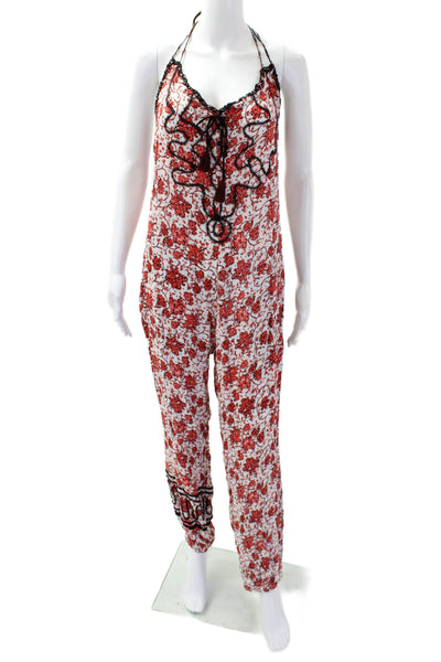 Poupette St. Barth Womens Embroidered Backless Jumpsuit Red Size L