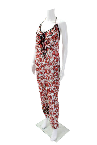 Poupette St. Barth Womens Embroidered Backless Jumpsuit Red Size L