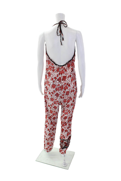 Poupette St. Barth Womens Embroidered Backless Jumpsuit Red Size L