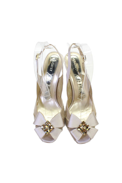 Magrit Womens Suede Satin Embellished Slingback Heels Champagne Size 7.5