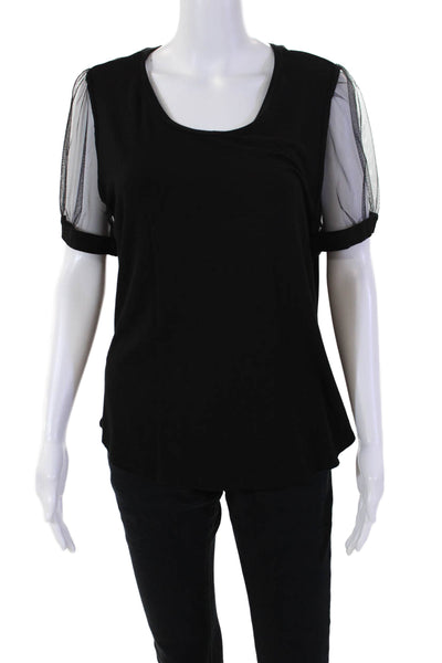 DKNY Womens Short Mesh Sleeves Stretch Round Neck Blouse Solid Black Size M