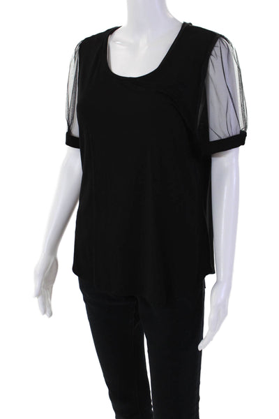 DKNY Womens Short Mesh Sleeves Stretch Round Neck Blouse Solid Black Size M