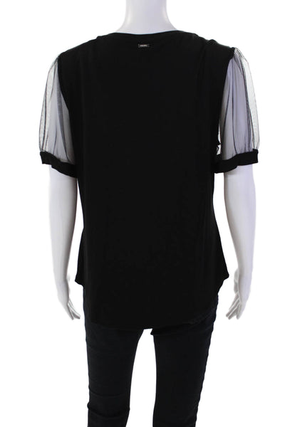 DKNY Womens Short Mesh Sleeves Stretch Round Neck Blouse Solid Black Size M