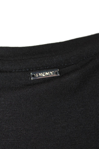 DKNY Womens Short Mesh Sleeves Stretch Round Neck Blouse Solid Black Size M