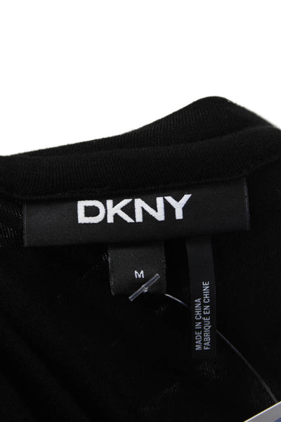 DKNY Womens Short Mesh Sleeves Stretch Round Neck Blouse Solid Black Size M