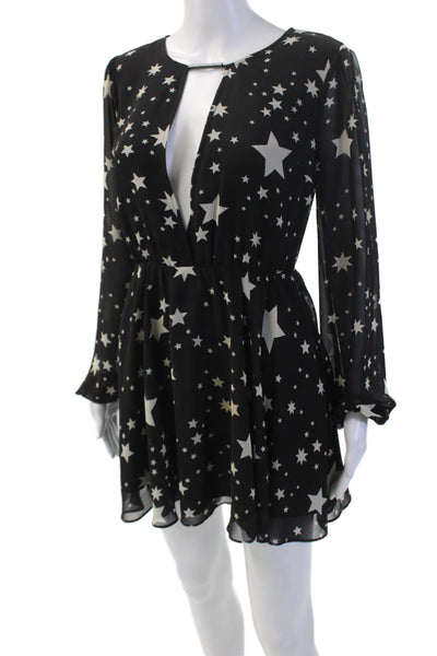 Lovers + Friends Womens Star Print V-neck Long Sleeve Shift Dress Black Size S
