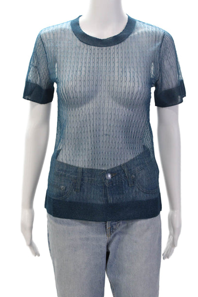 COS Women's Round Neck Short Sleeves Sheer Fitted Blouse Teal Blouse Size S