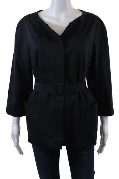 DKNY Womens Cotton Crew Neck Button Front Lined 3/4 Sleeve Jacket Navy Size 14