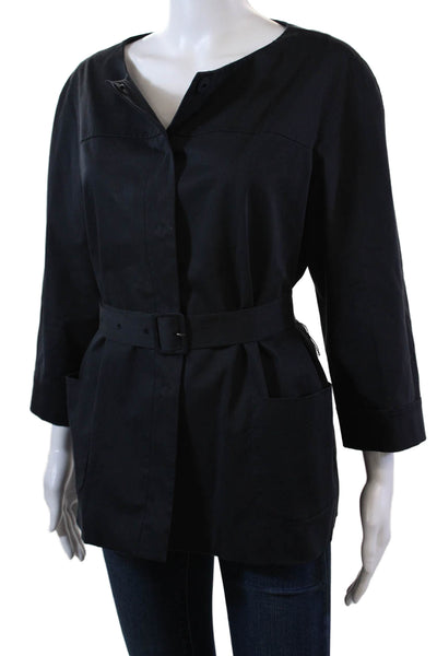 DKNY Womens Cotton Crew Neck Button Front Lined 3/4 Sleeve Jacket Navy Size 14