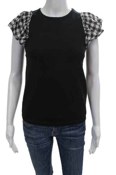 Kate Spade New York Womens Cotton Check Short Sleeve Blouse Black Size 2XS